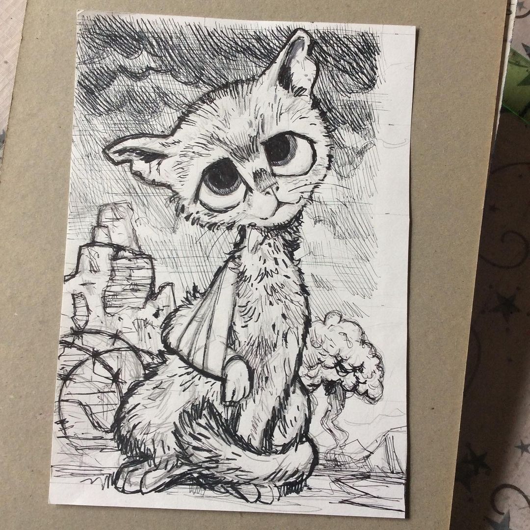 eddycrosby's tweet photo. WIP Atomic Pity Kitty - acrylic on art board #pitykitty #sketchbook #kitsch #artist #traditionalart #sketch #retro #acrylicpainting #bigeyeart #cats https://t.co/2TeD5j5qfU
