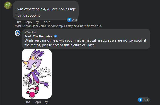 The official Sonic the Hedgehog Facebook page has acknowledged 4/20 jokes via supplying an image of Blaze at the request of a fan.