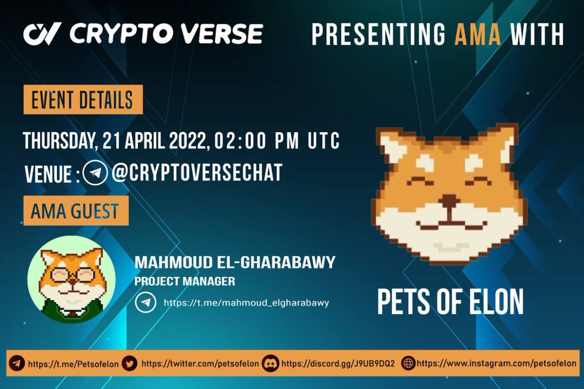 CryptoVerse_Co's tweet photo. Crypto Verse Will host an #AMA Session with @PetsOfElon 
 on 21 April At 02:00 PM UTC

🏡 Venue https://t.co/Ti6JdhDeeL

💰 Reward:- 100$

📌Rules
💠 Follow @PetsOfElon &amp; @CryptoVerse_co
💠 Like and Retweet
💠 Comment Question &amp; Tag 3 https://t.co/zaS8lw2itg