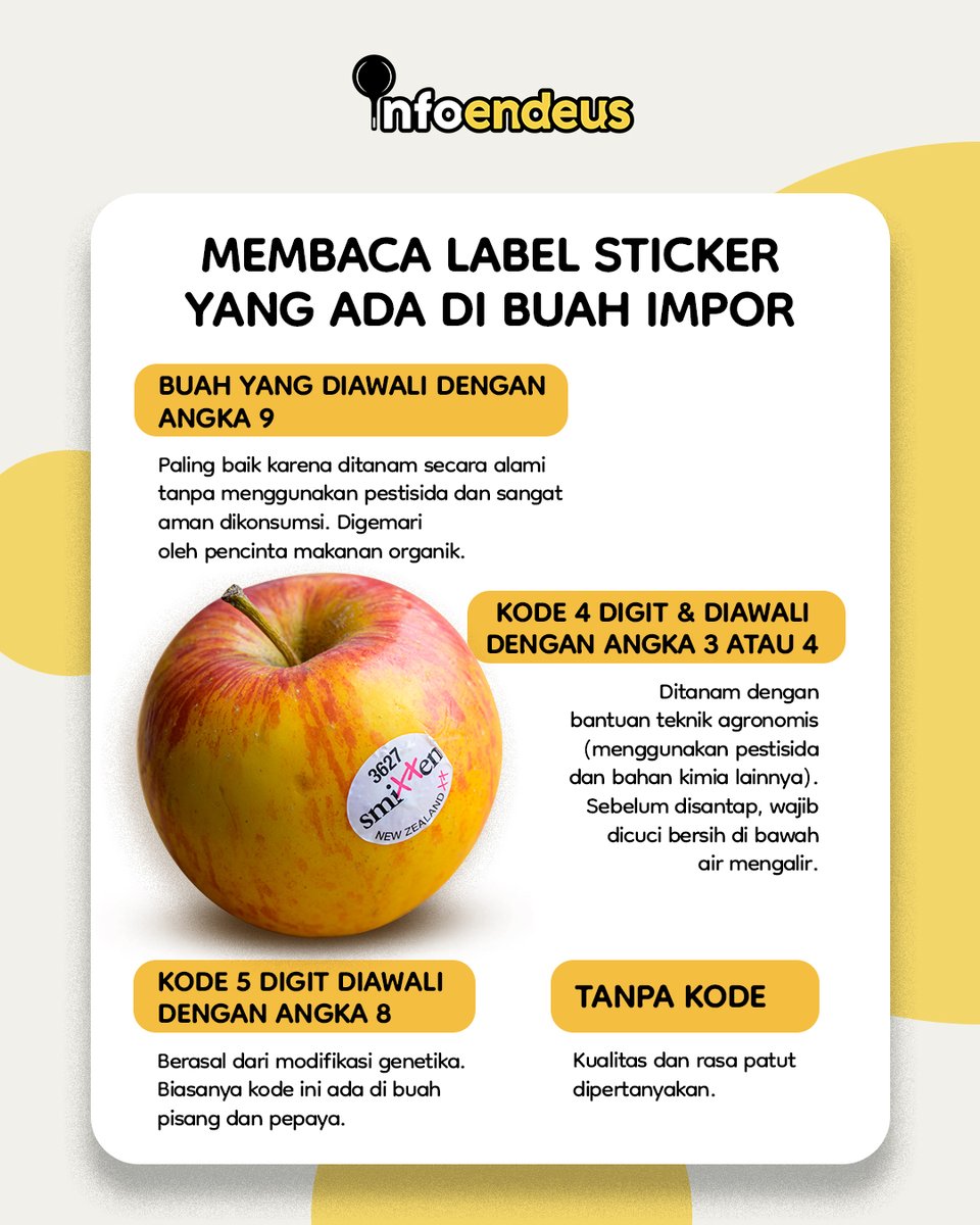 EndeusTv's tweet photo. Suka beli buah dan ada stiker labelnya? Ini dia arti stikernya!
#Endeus #infoendeus #info #buah #label #labelmakanan https://t.co/5yTpAZhdMZ