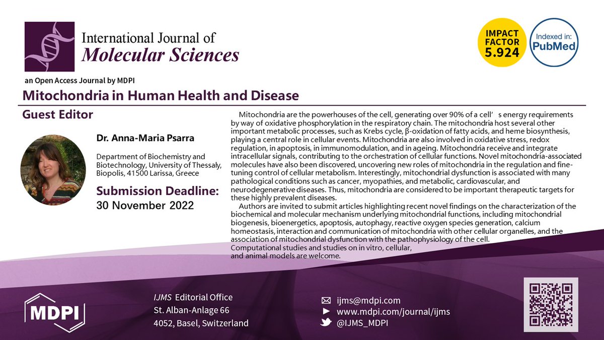Special issue on "Mitochondria in Human Health and Diseases"_ Contact the Guest Editor Anna Maria Psarra <a href="/uth_gr/">University Thessaly</a>  and submit your work until 30th November!