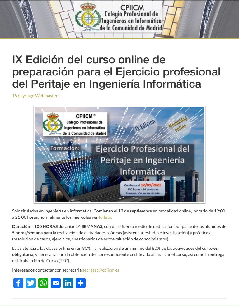 Planifícate con tiempo !!! IX Edición del Curso Online de Preparación para el Ejercicio Profesional del #Peritaje en #Ingeniería #Informatica 12/9/2022

cpiicm.es/wp-content/upl…