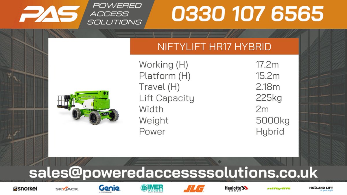 🟠🟠The Niftylift HR17 Hybrid 17 4-wheel-drive (HR17 4x4) offers one of the most impressive working envelopes in its class. Its compact base allows it to manoeuvre easily in enclosed spaces.🟠🟠

View &amp; Download product spec -poweredaccesssolutions.co.uk/boom-hire/nift…

#Poweredaccess