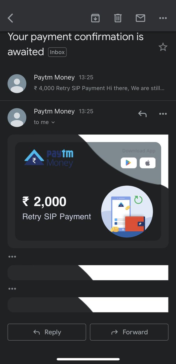 Saurabh6217's tweet photo. @PaytmMoneyCare I deposited 2 SIPs today (screenshots attached), but then got the E-mail (also attached), indicating it might have failed and that I should retry. What’s the issue? https://t.co/RiKpJSSnnL
