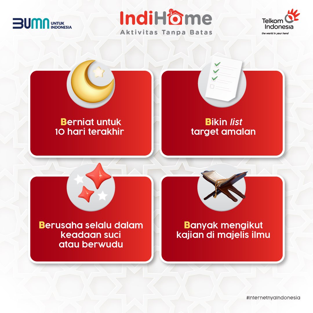 Hampir memasuki sepuluh malam terakhir Ramadan nih, Sobat. Masih semangat berpuasa dan beribadah dong pastinya?

Mimin punya tips untuk Kamu mempersiapkan sepuluh malam terakhir. Yuk, simak dan cobain tipsnya!😉

#AktivitasTanpaBatas 
#InternetnyaIndonesia