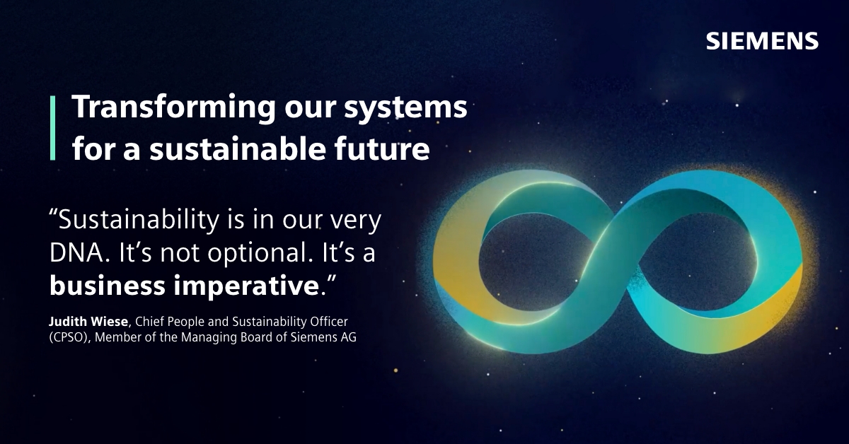 Siemens's tweet photo. Systems thinking is important for businesses– to address the complex, interconnected challenges facing our world now: energy 💡, the environment 🌎, climate change 🌇, food security 🐟 and financial equity 💲 Take a look at three inspiring examples of systems thinking here 👇
