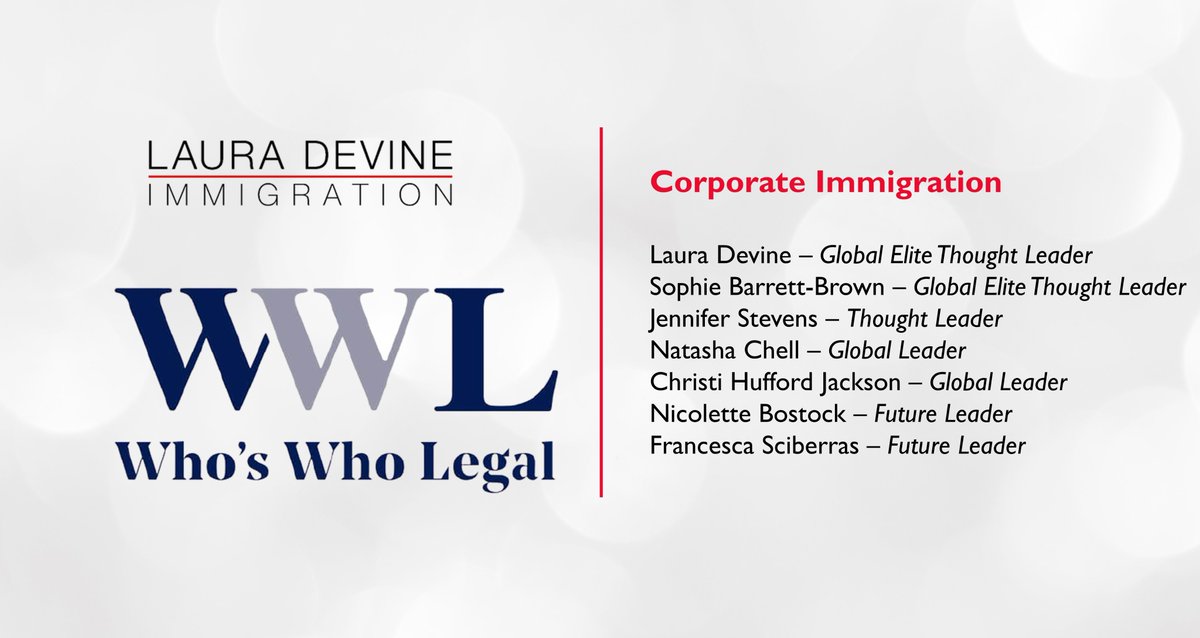 LauraDevineLaw's tweet photo. Congratulations to the seven members of the LDI team who have been ranked for Corporate Immigration in the @whoswholegal 2022 rankings.

#WWLAwards #Immigration #GoTeamLDI https://t.co/WPix2S4Hlk
