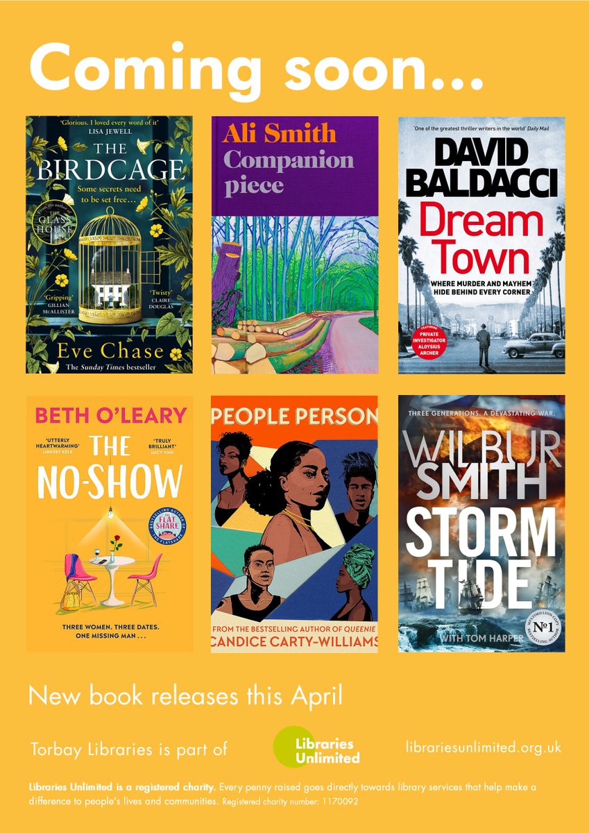 Torbay Libraries (@torbaylibraries) on Twitter photo Spring into April by picking up one of our fabulous new releases from...👇 🌻
🐣 <a href="/EvePollyChase/">Eve Chase is writing</a>
📚 #Ali Smith
💭 <a href="/davidbaldacci/">David Baldacci</a>
🤔 #BethOLeary
👀 <a href="/CandiceC_W/">🇯🇲Candice Carty-Williams🇯🇲</a>
🌪️ <a href="/thewilbursmith/">Wilbur Smith</a>
Check the catalogue online to see if your library has it in stock👉 torbaylibraries.org.uk/web/arena/cata… Spring into April by picking up one of our fabulous new releases from...👇 🌻
🐣 <a href="/EvePollyChase/">Eve Chase is writing</a>
📚 #Ali Smith
💭 <a href="/davidbaldacci/">David Baldacci</a>
🤔 #BethOLeary
👀 <a href="/CandiceC_W/">🇯🇲Candice Carty-Williams🇯🇲</a>
🌪️ <a href="/thewilbursmith/">Wilbur Smith</a>
Check the catalogue online to see if your library has it in stock👉 torbaylibraries.org.uk/web/arena/cata…