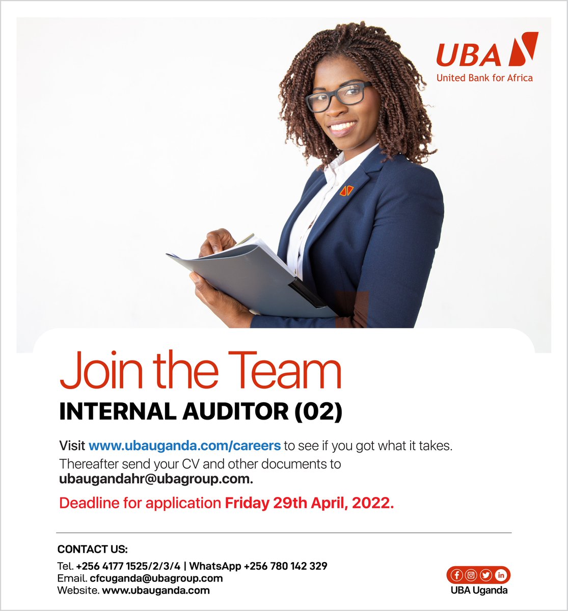 UBAUganda's tweet photo. We’re Hiring!
Internal Auditor (2)

Do you have the skills fit to join our teams? Then click the link to join us; https://t.co/kBAArJvnvD to see what it takes.

#CallItATribe #Hiring #Auditors
#AfricasGlobalBank https://t.co/JCoShsJCi7