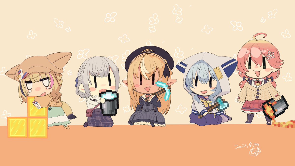 hoshimachi suisei ,sakura miko ,shiranui flare ,shirogane noel multiple girls 5girls grey hair pointy ears blonde hair chibi dark-skinned female  illustration images