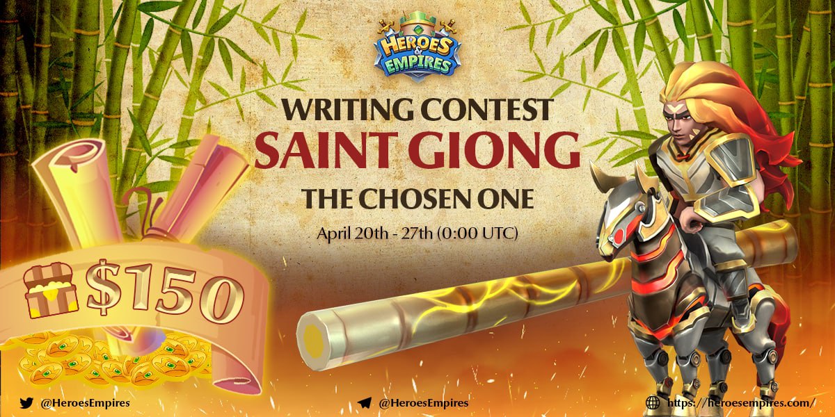 BexlyApp's tweet image. 👑👑 Writing Contest | Saint Giong - The Chosen One 👑👑

Who will be worthy of the title of Zhuge Liang in Heroes &amp;amp; Empires? Let's show us your ability to control troops and analyze ingenious generals. Let's join to write about Saint Giong, our new hero to receive the attractive