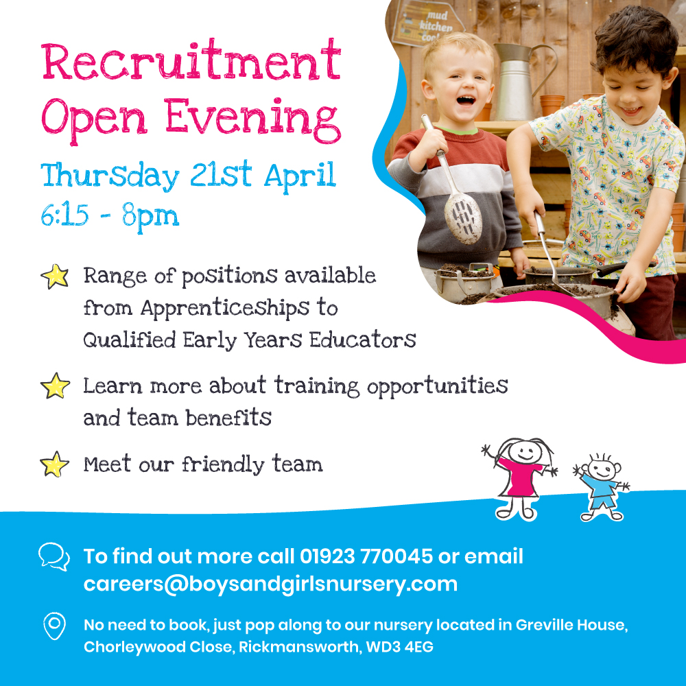 Join us for our recruitment open evening tomorrow! No need to book, simply pop along to our Rickmansworth nursery to find out more about the opportunities we have on offer across our nurseries in Croxley Green, Rickmansworth, Stanmore &amp; Watford. 
#expertsinchildcare