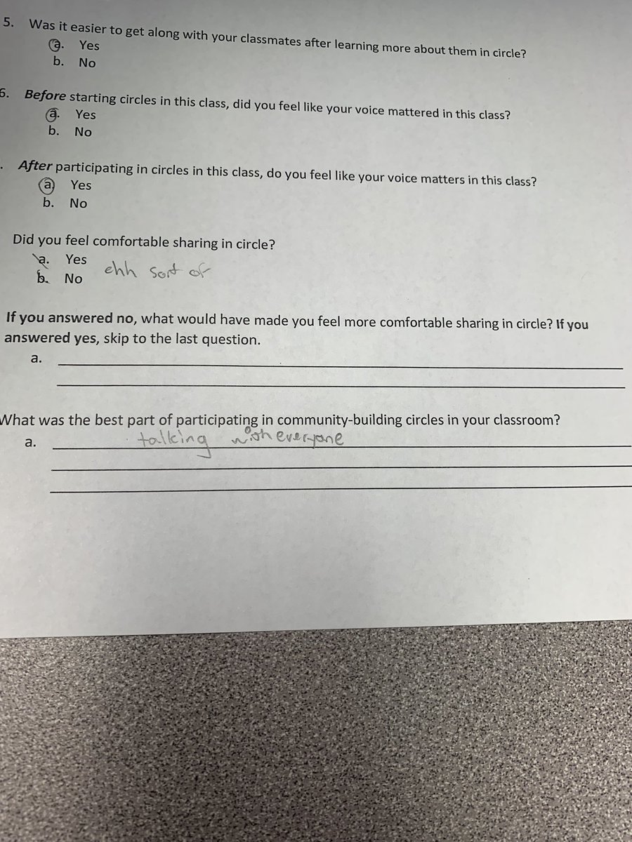 GARNERyourGRIT's tweet photo. If you’re a teacher and still weary of the ⚡️power⚡️in classroom community building circles, check out this student feedback! Building classroom community DOES NOT need to be complicated #circleUP #chatitUP #listenUP @WestPoSOSA @theWPboard @FCPSR3 @drNEKing @Karen4Schools https://t.co/CZ08c0gzY1