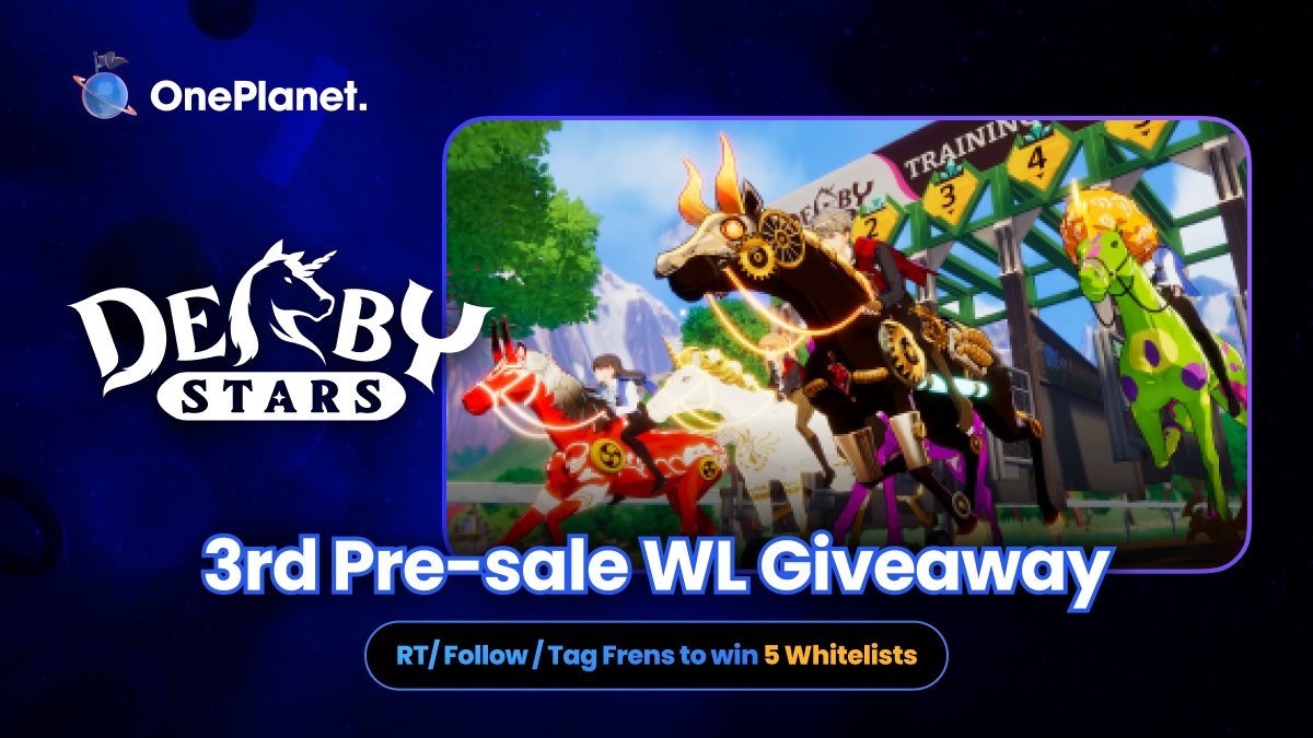 <a href="/DerbyStars_HQ/">Derby Stars</a> 3rd Pre-Sale will be on OnePlanet 🐎 🪐 

To welcome all riders, we are giving away 5 WL tickets to those who: 

1️⃣ Follow <a href="/DerbyStars_HQ/">Derby Stars</a> and <a href="/OnePlanet_NFT/">OnePlanet</a> 
2️⃣ Join both of our discords
3️⃣ RT, Like, Tag frens

for 48hrs⏰

Stay tuned for more events on OnePlanet🎁