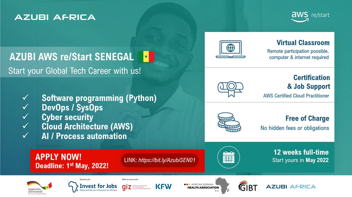 #Senegal it's your time to embrace the digital transformation and prepare for the future!

Amazon Web Services (AWS) re/Start in collaboration with getINNOtized GmbH are excited to open applications for the AZUBI AWS re/Start – Senegal for the first time ever.