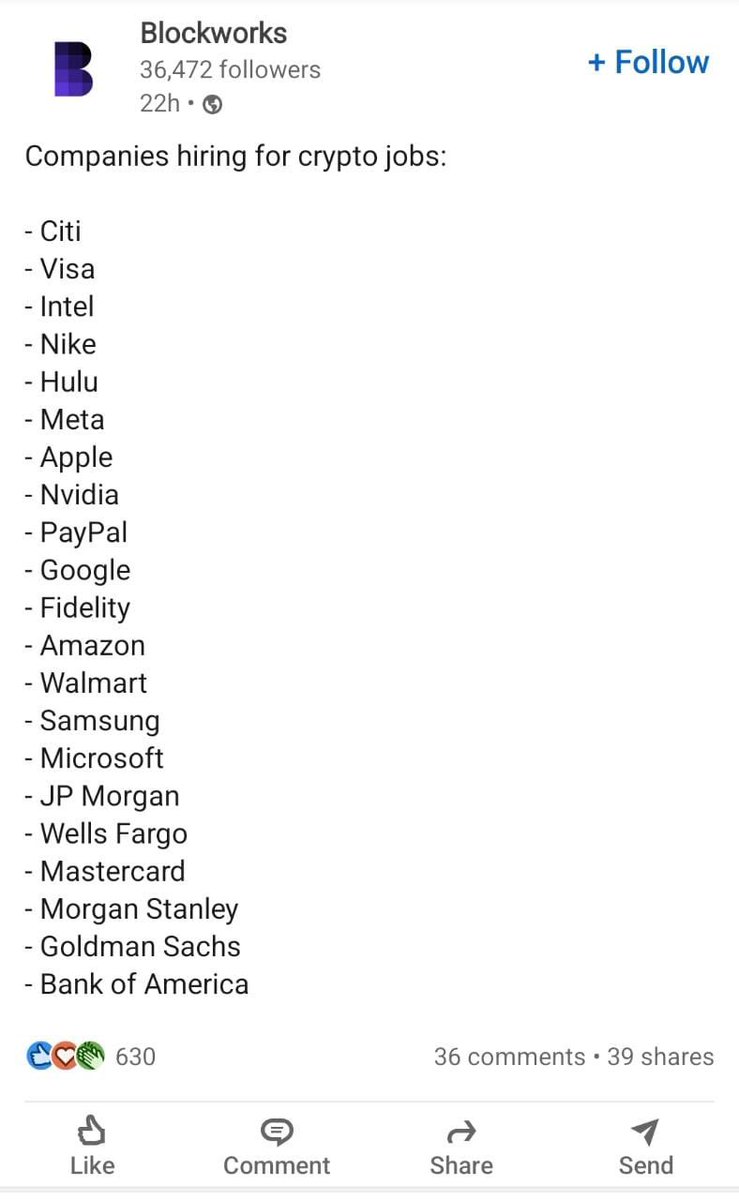Altcoinbuzzio's tweet image. List of top companies hiring for crypto and blockchain jobs.

How can one not be bullish for the space when everyone is jumping in.

And this is not including existing crypto and upcoming companies that are hiring like crazy as well!