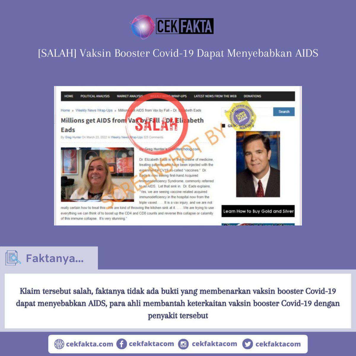 cekfaktacom's tweet photo. [SALAH] Vaksin Booster Covid-19 Dapat Menyebabkan AIDS

Beredar sebuah artikel di internet dengan klaim dari Dr. Elizabeth Eads yang menyatakan bahwa suntikan vaksin booster dapat menyebabkan penyakit AIDS. https://t.co/OXGg5i5rOp