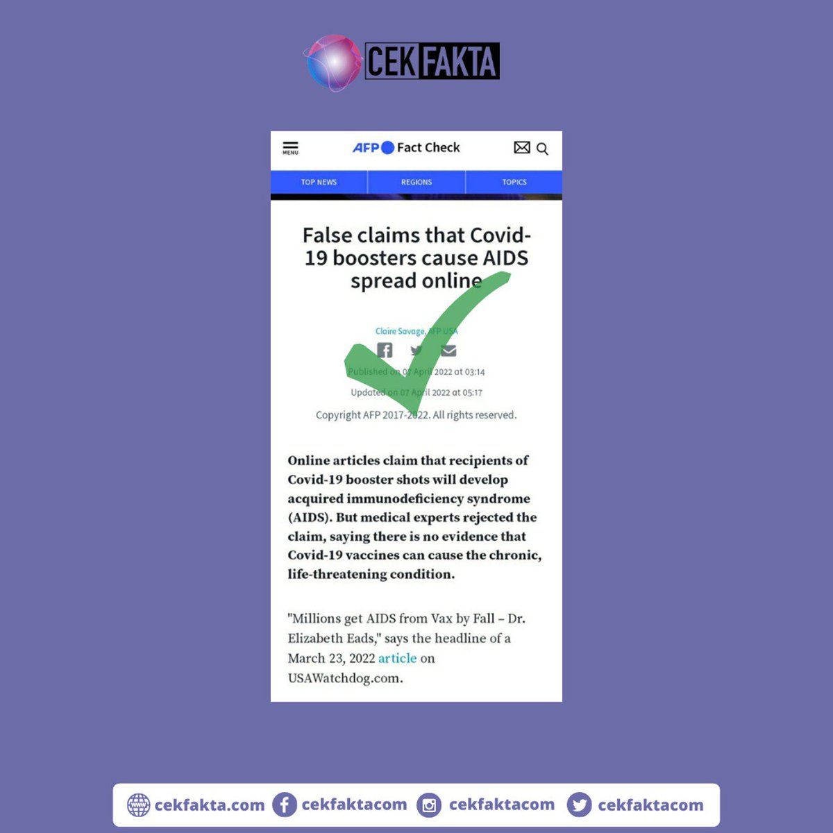 cekfaktacom's tweet photo. [SALAH] Vaksin Booster Covid-19 Dapat Menyebabkan AIDS

Beredar sebuah artikel di internet dengan klaim dari Dr. Elizabeth Eads yang menyatakan bahwa suntikan vaksin booster dapat menyebabkan penyakit AIDS. https://t.co/OXGg5i5rOp