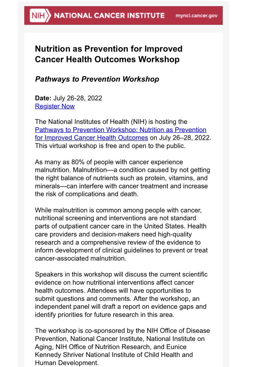 Interested in Oncology Nutrition? Don’t miss this FREE virtual workshop. Join us for all days or any day. Details and registration:

prevention.nih.gov/research-prior…