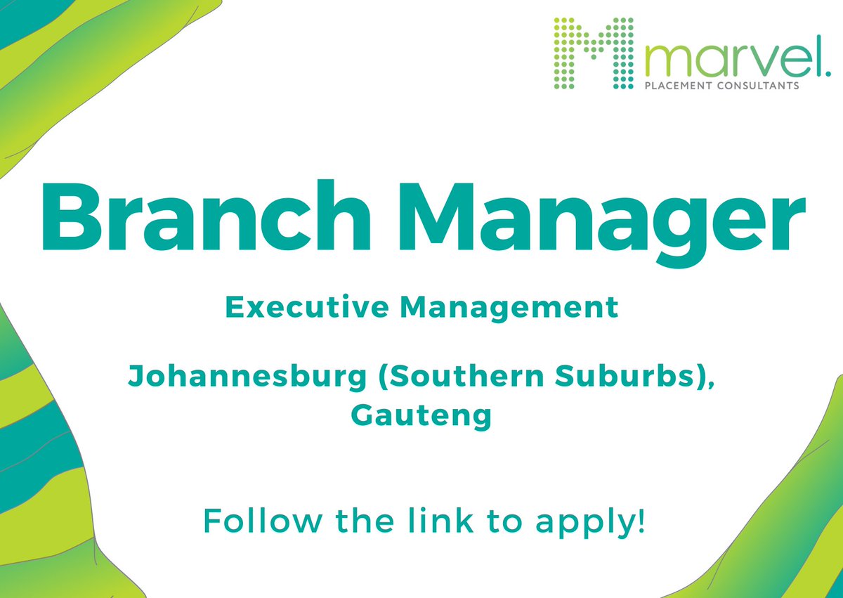 #jobalerts

#Branch_Manager in Johannesburg South, Gauteng.

Apply -> webapp.placementpartner.com/wi/vacancy?id=…

#vacancyalert #vacancy #hiring #jobs #recruitment #careers #recruiting #job #nowhiring #applynow #hiring #Johannesburg #SouthernSuburbs #Gauteng #ExecutiveManagement #BranchManager