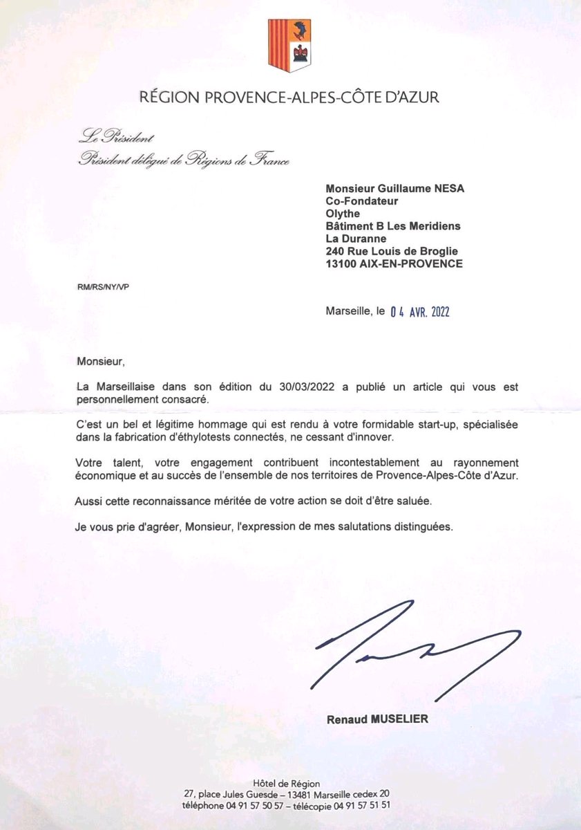 C'est avec une immense gratitude que l'équipe Olythe remercie Monsieur <a href="/RenaudMuselier/">Renaud Muselier</a> Président délégué de la Région Sud PACA pour ses encouragements. Merci également à <a href="/MaRegionSud/">Région Sud</a> pour son accompagnement dans cette aventure.
<a href="/lamarsweb/">La Marseillaise</a> <a href="/AMFrenchTech/">French Tech Aix-Marseille Région Sud</a> #madeinfrance #Marseille