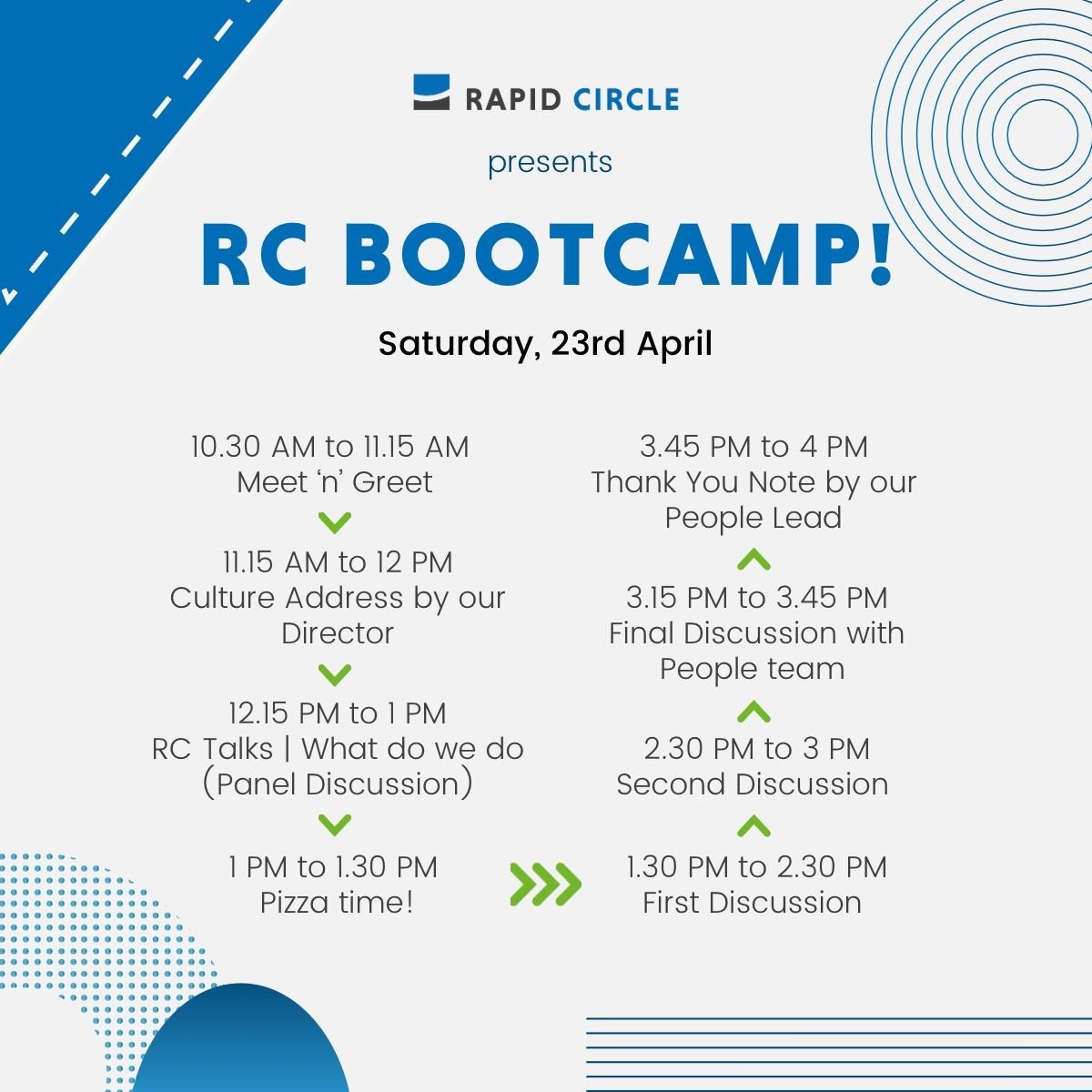 #Pune tweeps! <a href="/RapidCircle/">Rapid Circle</a> India hosting a #bootcamp this weekend. Drop in at our Pune office to explore career opportunities or network with our team. Fun conversations⚡️and free pizzas🍕are guaranteed. #OpenOffice #Hiring #Network