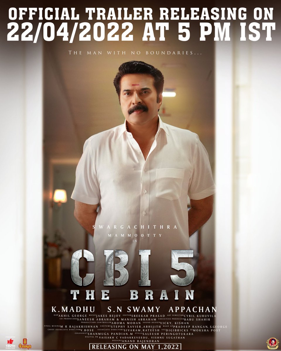 mammukka's tweet photo. #CBI5TheBrain Official Trailer Releasing On 22/04/2022 at 5 PM IST https://t.co/5kzQICti9J