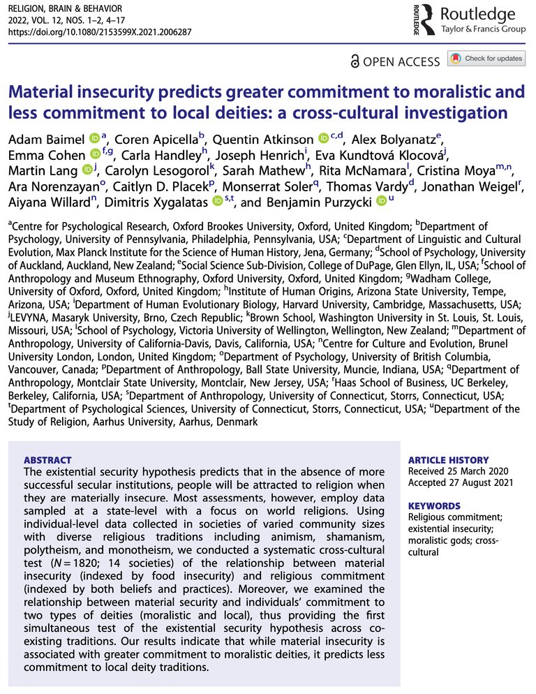 ReligBrainBehav's tweet photo. A new paper by Baimel et al. (2022) from our recently released Vol.12, examines the existential security hypothesis using a large cross cultural sample. They find evidence for greater commitment with material insecurity but only for moralistic deities.
 https://t.co/tarKY1PBcB https://t.co/0YVzIsSBS6
