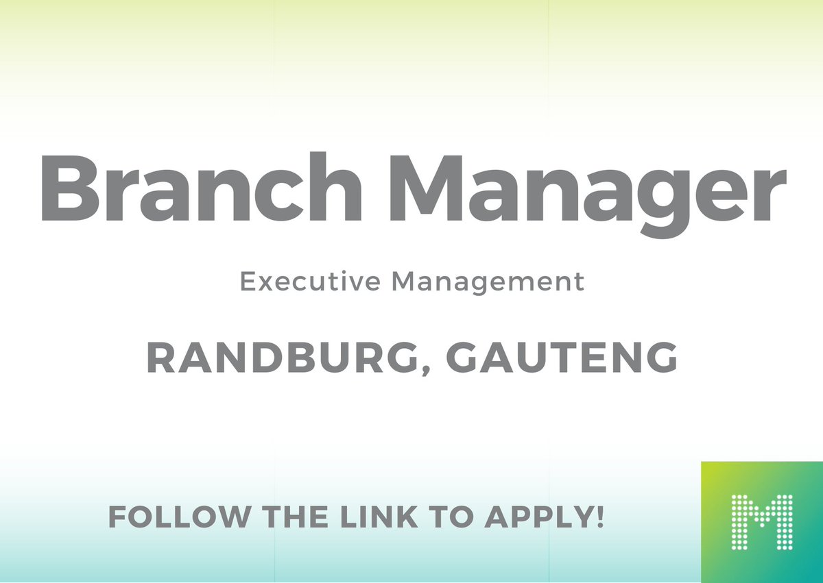 #jobalerts
 
#Branch_Manager in Randburg, Gauteng.

Apply -> webapp.placementpartner.com/wi/vacancy?id=…

#vacancyalert #vacancy #hiring #jobs #recruitment #careers #recruiting #jobsearch #nowhiring #applynow #employment #hiring #Johannesburg #Randburg #Gauteng #ExecutiveManagement #BranchManager
