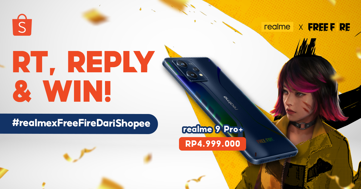 ShopeeID's tweet photo. ✨ GIVEAWAY realme 9 Pro+ ✨  

Hari ini mimin &amp; realme x Free Fire mau giveaway realme 9 Pro+ senilai 5 JUTA nih! Caranya:

1. FOLLOW @SHOPEEID  
2. RT &amp; LIKE tweet ini  
3. REPLY #realmexFreeFireDariShopee SEBANYAK-BANYAKNYA!
 
Good luck! 😉 https://t.co/38BnTVU23g