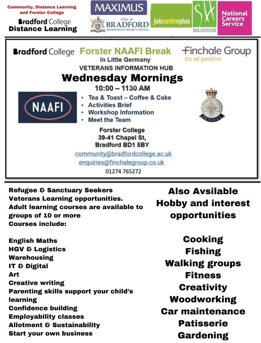 duncanburnett9's tweet photo. @BradfordCollege Community Learning preparing for this morningโs Veterans NAAFI break. The Forster NAAFI in collaboration with @MarkHillMBE @Finchale_Group @CllrJoanneDodds @JCPinWestYorks is here to support veterans and their families. https://t.co/fsTNEwH8as