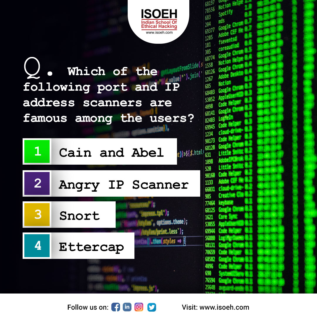 isoeh's tweet photo. Check Your Knowledge!!!!
Comment the Right Answer and Get Featured on the Social Media Page of Indian School of Ethical Hacking 👇
#onlinequiz #QuizContest #quiz #ComputerTrainingCenter #computersecurity #ethicalhacker #computer #hacking #Data #dataprivacy #datasecuritytips https://t.co/TLN26VtgwN