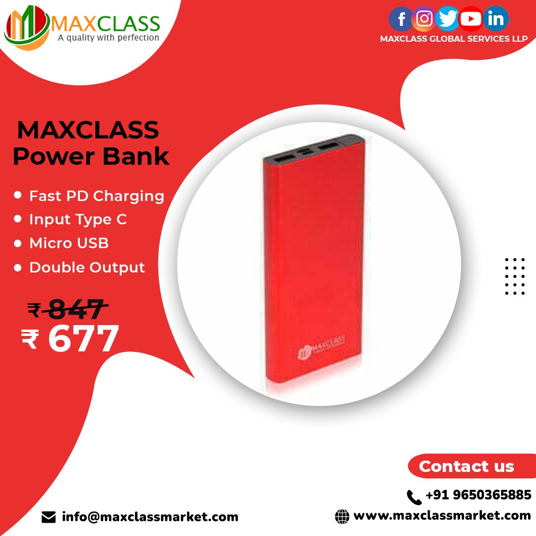 maxclasservices's tweet photo. MAXCLASS Power Bank |10000mAh 18w Fast PD Charging | Input Type C and Micro USB| Double Output|
10000mAh High-quality Power bank built to last longer
SHOP NOW : https://t.co/ceuflSyKi1
+91 9650365885
#powerbank #maxclass #Sellonline #maxclassmarket #vendoraccount #smoothservices https://t.co/yJMTTK2O06