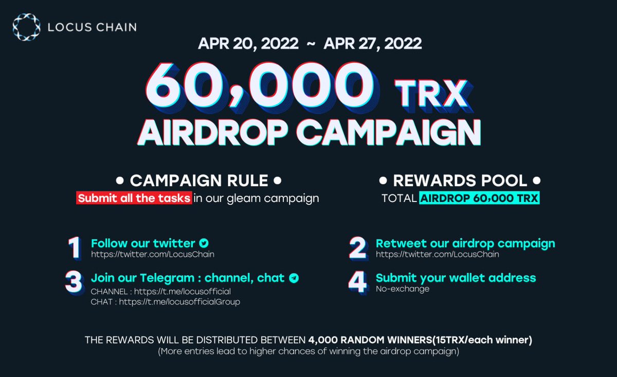 LocusChain's tweet photo. #LOCUSCHAIN is running a massive 60.000TRX #airdrop campaign in  tokens!

Join our gleam competition:
🔗https://t.co/5Caj1rN0nQ

Page with curl Follow all the rules and tag your friends to join the airdrop campaign!

#Metaverse #Giveaway #SKY #LOCUS https://t.co/lijt0lYAcQ