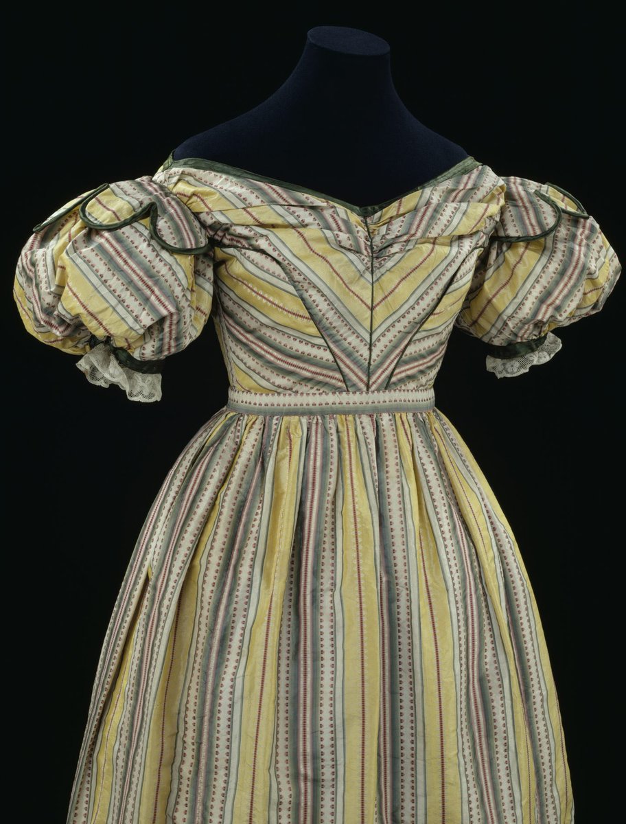 Cheerful stripes that have been tweaked into the style of the late #1820s but were woven in the #1780s. For @Fash_Rev week, an example of a cloth that was valued, unpicked, refashioned but never wasted @V_and_A #whomademyclothes