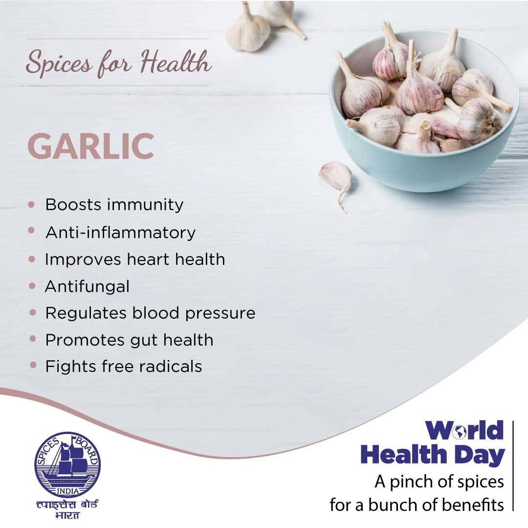 Spices_Board's tweet photo. Add Garlic to your diet and be healthy. Celebrate health day, every day.

@DoC_GoI

#spicesboard #worldhealthday #healthday #spicesboardindia #spicesboardofindia #spices #spicesforhealth https://t.co/ZLJiLXYiTK