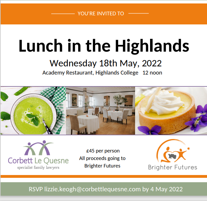 Join us for Lunch in the Highlands on Wednesday 18th May! 
Enjoy a three course lunch at the <a href="/Highlands_JSY/">Highlands College</a> Academy Restaurant and find out more about <a href="/brightfutureje/">Brighter Futures Jersey</a>  
Event kindly hosted and supported by <a href="/CorbettLeQuesne/">Corbett Le Quesne</a>. 
ow.ly/pN1450IMkHu