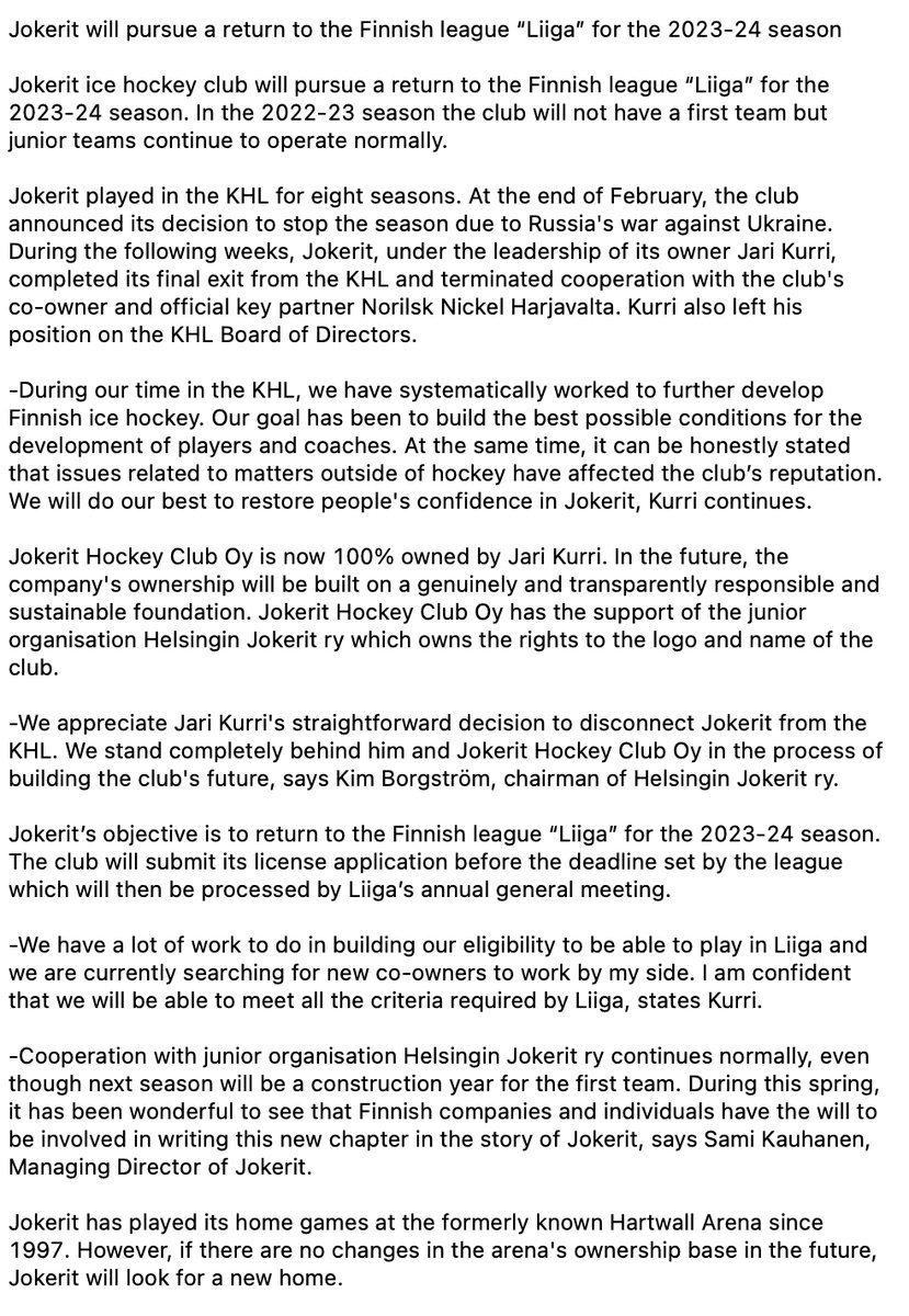 Club statement released today. Jokerit will pursue a return to the Finnish league for the 2023-24 season.

#Jokerit