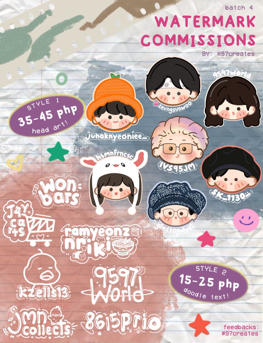 97creates's tweet photo. ꒰ #97creates ꒱ watermark commissions BATCH 4
⤿ NOW OPEN .ᐟ
𓏔 10 slots
𓏔 open to all fandoms
𓏔 read the t&c on the thread!
𓏔 check #97creates for feedbacks!
✸ dm now to avail !
𖥻 wts lfb digital watermark commissions kpop bns https://t.co/r1mEI15qrv