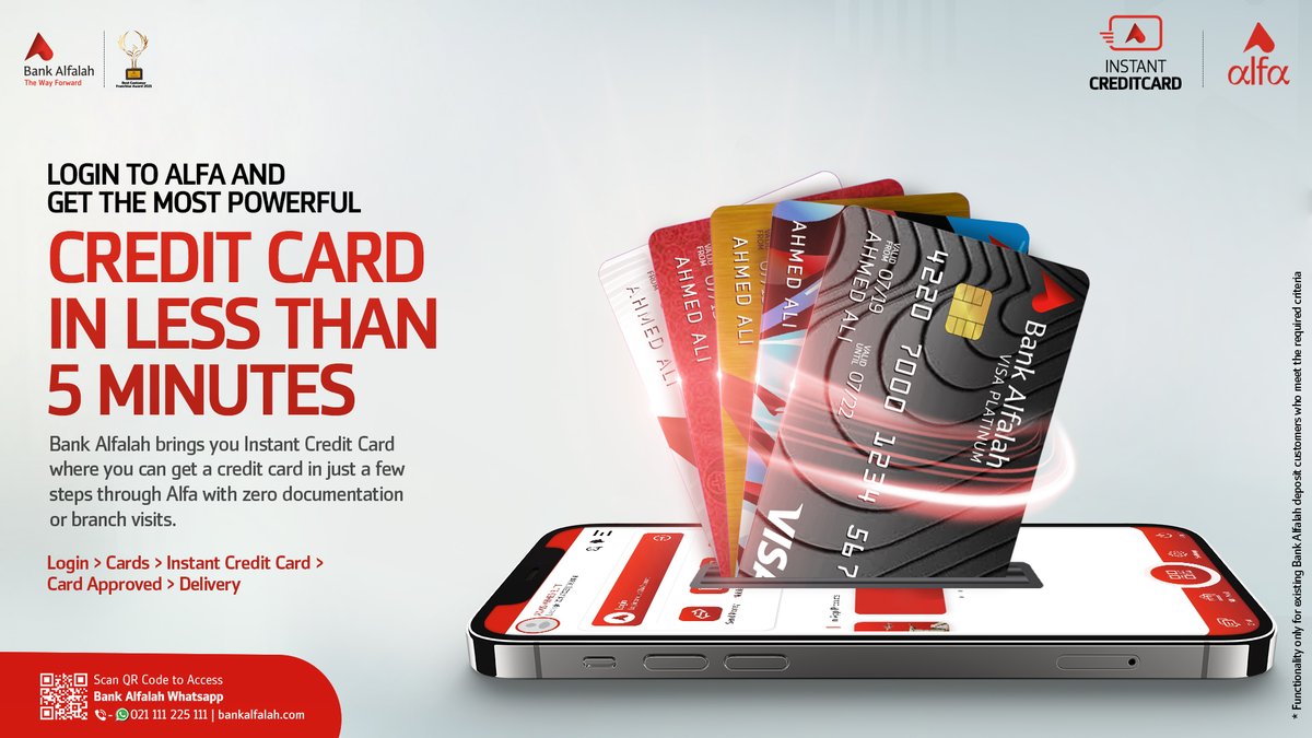 BankAlfalahPAK's tweet image. Bank Alfalah provides you with the banking of the future, where everything is just a swipe away. Get an Instant Credit Card in less than 5 Minutes. 

Apply Now!

T&amp;amp;C Apply*

For details visit onelink.to/u9b8fx. 

#BankAlfalah #BAFCard #InstantCreditCard #AlfaApp