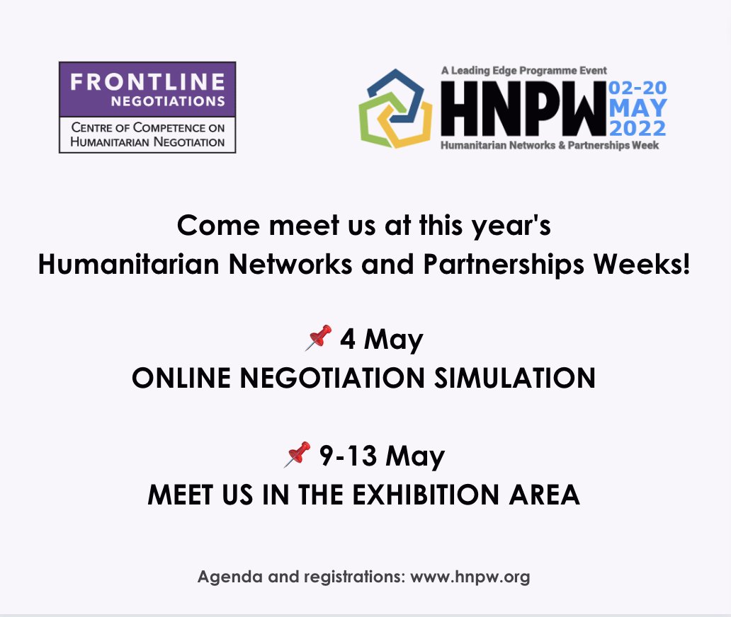 Centre of Competence on Humanitarian Negotiation (@frontline_nego) on Twitter photo The CCHN is coming to <a href="/LEP_HNPW/">Humanitarian Networks and Partnerships Weeks</a>!
📌 4 May: Test your #negotiation skills during our online simulation (remotely - register at hubs.la/Q018qlGf0)
📌 9-13 May: Come meet us in the exhibition area (in person, Geneva)
Full agenda at hubs.la/Q018qqSJ0. See you there! The CCHN is coming to <a href="/LEP_HNPW/">Humanitarian Networks and Partnerships Weeks</a>!
📌 4 May: Test your #negotiation skills during our online simulation (remotely - register at hubs.la/Q018qlGf0)
📌 9-13 May: Come meet us in the exhibition area (in person, Geneva)
Full agenda at hubs.la/Q018qqSJ0. See you there!