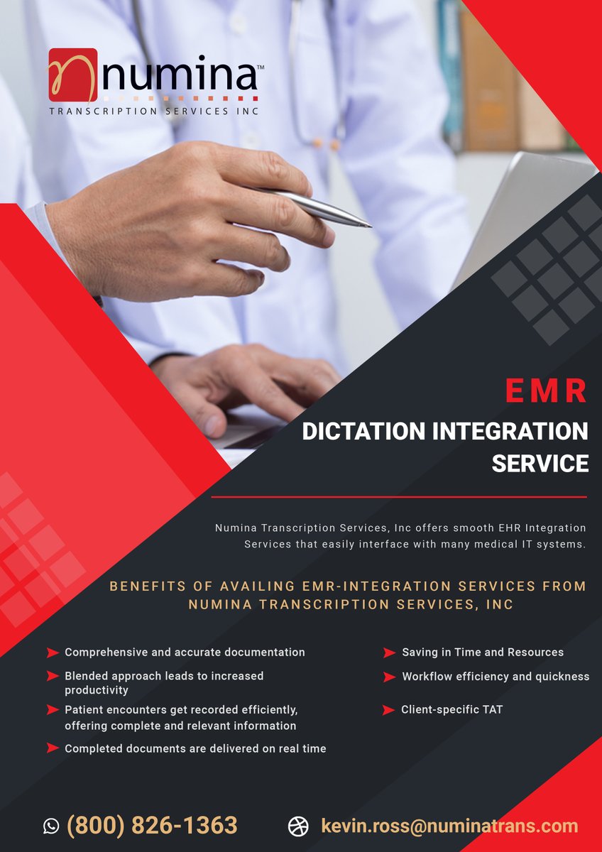 EMR Dictation Integration Service
Numina offers EMR-integration solutions pertaining to all types of electronic interfaces such as ADT Interface and Document Interface. 
Approach us: kevin.ross@numinatrans.com

#emrdication #EMR #emrdictationservices #emrintegration