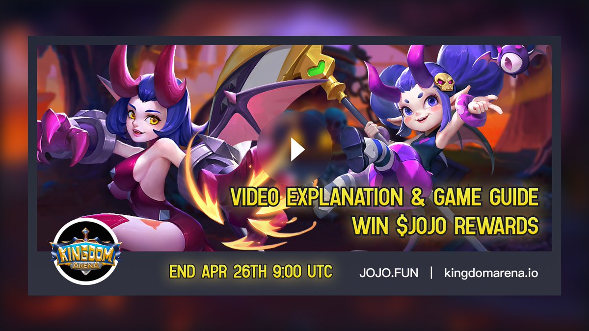 📺Video Explanation &amp; Game Guide

🗓️Active Time
UTC 9AM, Apr 20th - UTC 9AM, Apr 26th

🎁Axtive Rewards
Top1 300,000 $JOJO + GamePack
Top2 200,000 $JOJO + GamePack
Top3 100,000 $JOJO + GamePack

📑Form
forms.gle/9TnEPjr1eDy1QF…

#KingdomArena #jojo #BSC #GameFi #P2E #NEWS