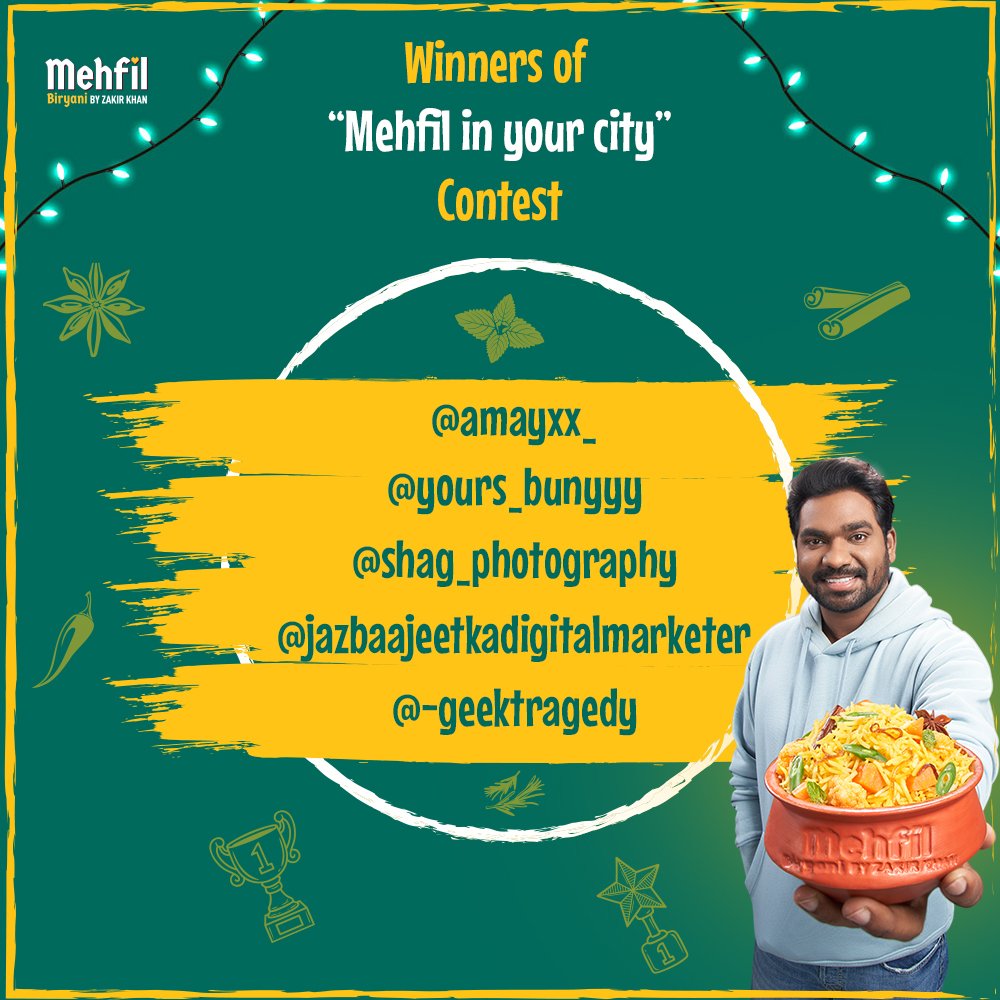 Badhaiyaan Ji! Badhaiyaan....

You guys have flawlessly found "Mehfil" in your city.

Kindly DM us a Hi, to get your special secret coupon code and enjoy flat Rs. 300 off on your order.

We are glad to get such an energetic response from you all.
#BiryaniMubarak
#mehfil #Winners