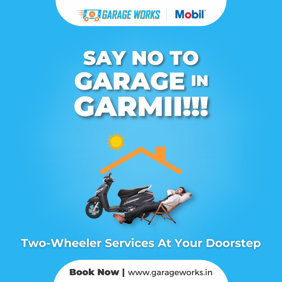 GarageWorks33's tweet photo. This summer, don't tan your skin and waste your time in the garage for two-wheeler servicing!

Get convenient two-wheeler services at your doorstep.
Book Online and get 150 OFF on your final bill!
https://t.co/XUwxMno6ht

#garageworks #doorstepservice #twowheelerservices https://t.co/I46etvH59q