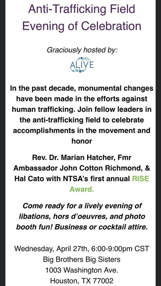 ALIVEINACTION's tweet photo. We’re mission executing! ALIVE is hosting an evening of connection for the @NTSA_Sheltered + @RescueFreedom 
honoring champs of humanity leading the fight agnst trafficking. Honorees: Fmr Amb  John Cotton Richmond | Thistle Farms CEO-Hal Cato | ALIVE’s Co-Founder @MarianhatcherG https://t.co/paHnV4TUP2