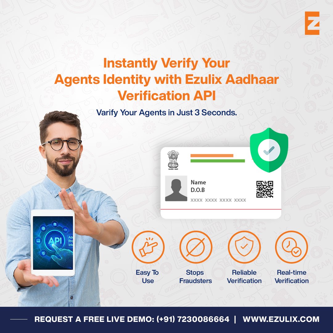 Ezulix_Software's tweet image. Verify Your Agents in Just 3 Steps 🕵️♀️
Integrate #Aadhaar_Verification_API ✅
Ezulix Aadhaar Verification API Allows You to Verify Your Agent's Identity through OTP & Finger Print. bit.ly/aadhaarverific…
Try a free demo. +91 72300 86664
#ezulix #aadhaarverificationapi