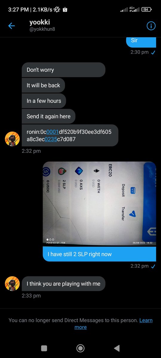 ArquizaG's tweet photo. BEWARE OF THIS SCAMMER 

He Already Received the SLP but not sending the Axie  team then he blocked on twitter 🥲
#axieinfinity 
@Jihoz_Axie https://t.co/rUDYSgV9y6