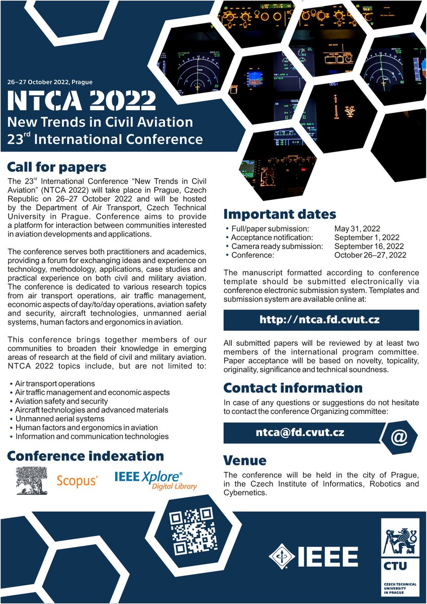 fdcvut's tweet image. 📑 Až do 31. května můžete podávat příspěvky do konference New Trends in Civil Aviation 2022, která se koná v Praze ve dnech 26. a 27. října 2022. 

🔗 Více informací najdete v letáku níže nebo na webu konference ntca.fd.cvut.cz.

#fdcvut #dopravka #ntca2022 @CVUTPraha
