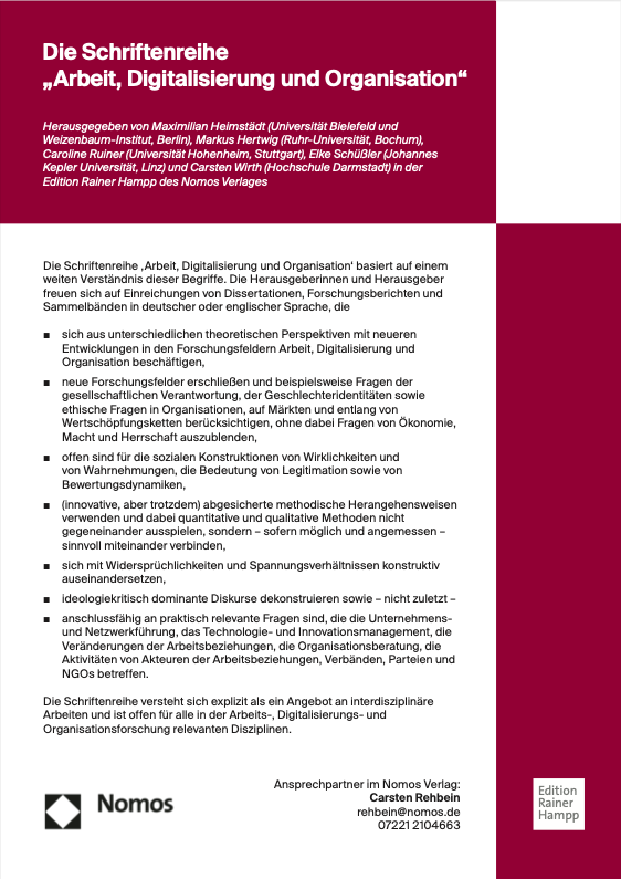 Im <a href="/NomosVerlag/">Nomos Verlag</a> starten wir die neue Schriftenreihe "Arbeit, Digitalisierung und Organisation".  

Carsten Wirth (@h_da), Markus Hertwig (<a href="/ruhrunibochum/">Ruhr-Universität Bochum</a>), @CarolineRuiner, @ElkeSchuessler und ich (<a href="/JWI_Berlin/">Weizenbaum-Institut</a>) freuen uns auf eure Manuskriptvorschläge / -anfragen